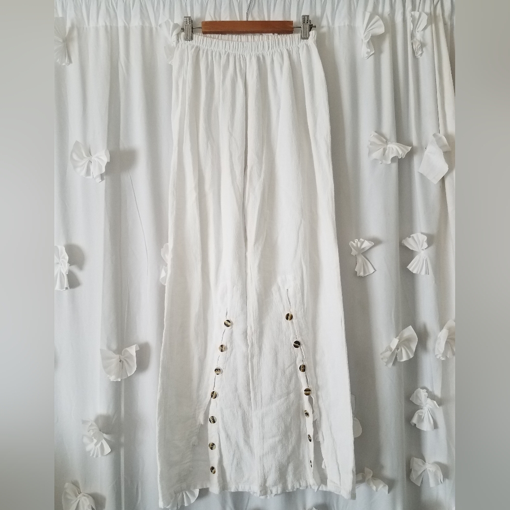 Beachy 100% Cotton White Wide-Leg Pants with Button Detail